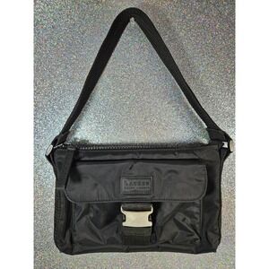 LAUREN Ralph Lauren Black Nylon Shoulder Bag Buckle Utility Satchel Handbag